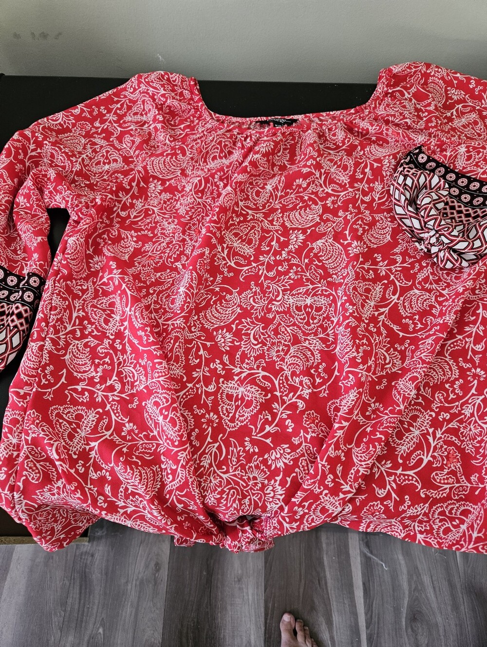 George Red Printed Scoop-Neck Blouse with Contrasting Sleeve Detail